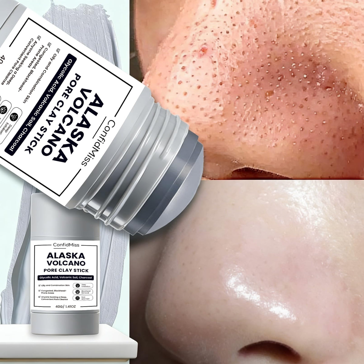 ConfidMiss clay mask stick texture close-up showing creamy detox for refined skin.