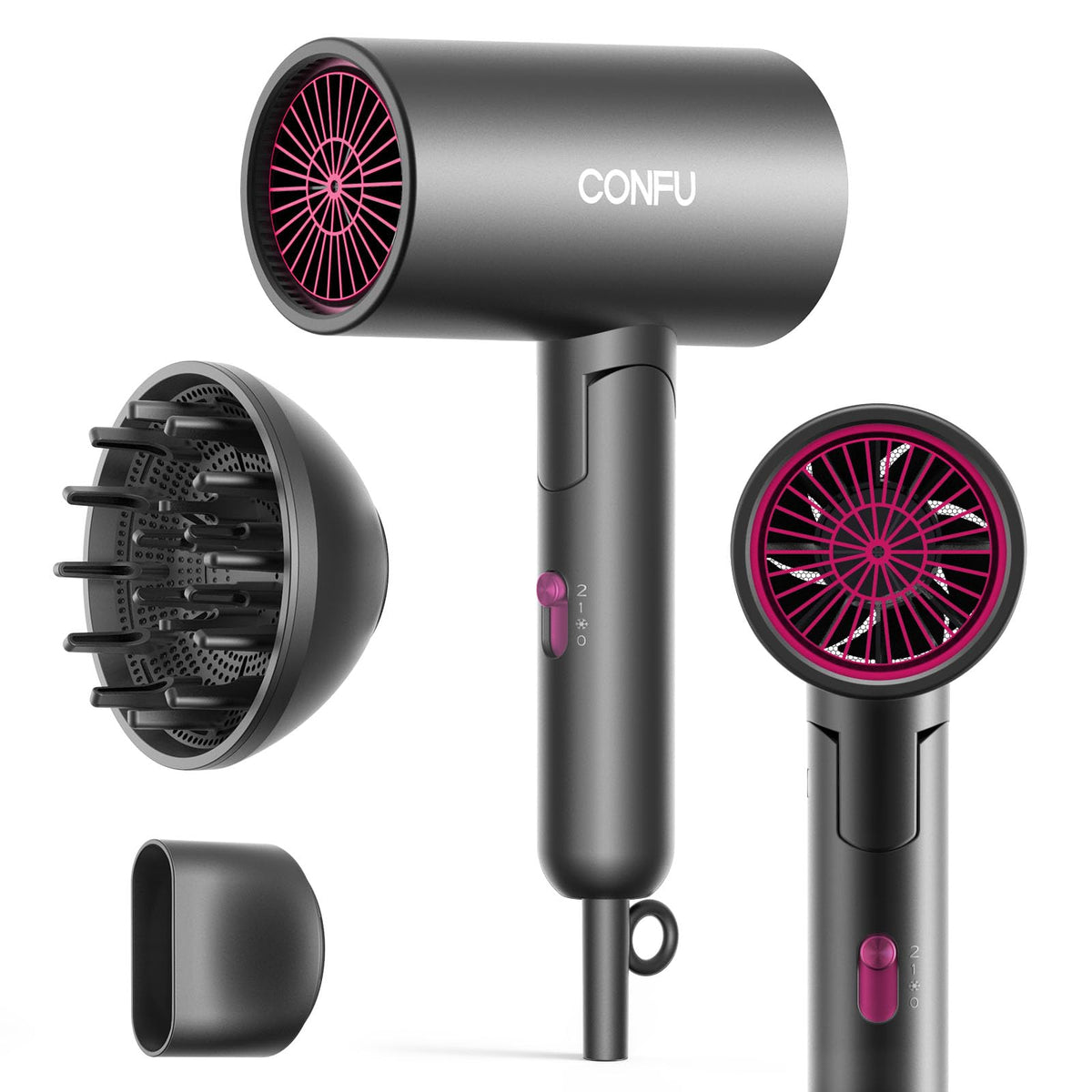 CONFU Diffuser Hair Dryer folded front view shows compact travel-ready design