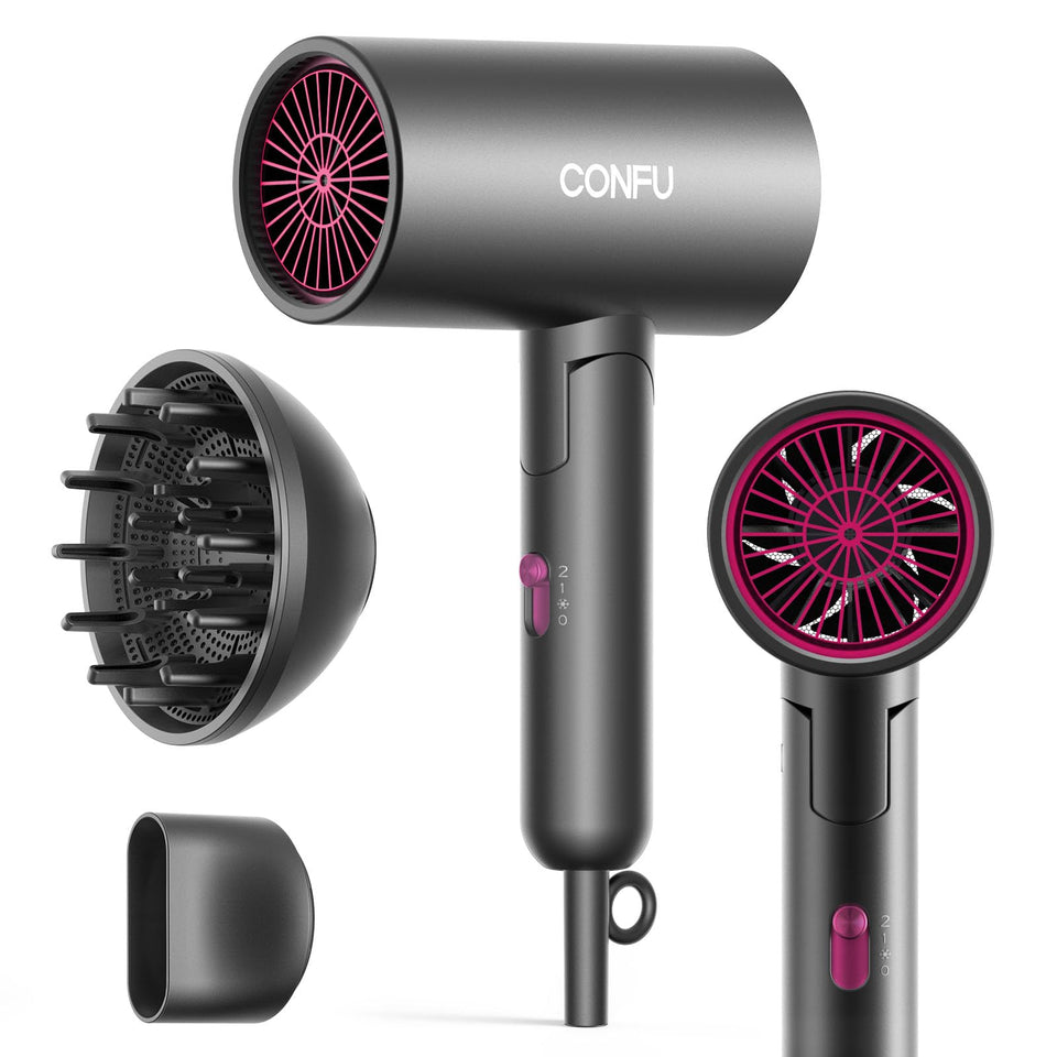 CONFU Diffuser Hair Dryer folded front view shows compact travel-ready design