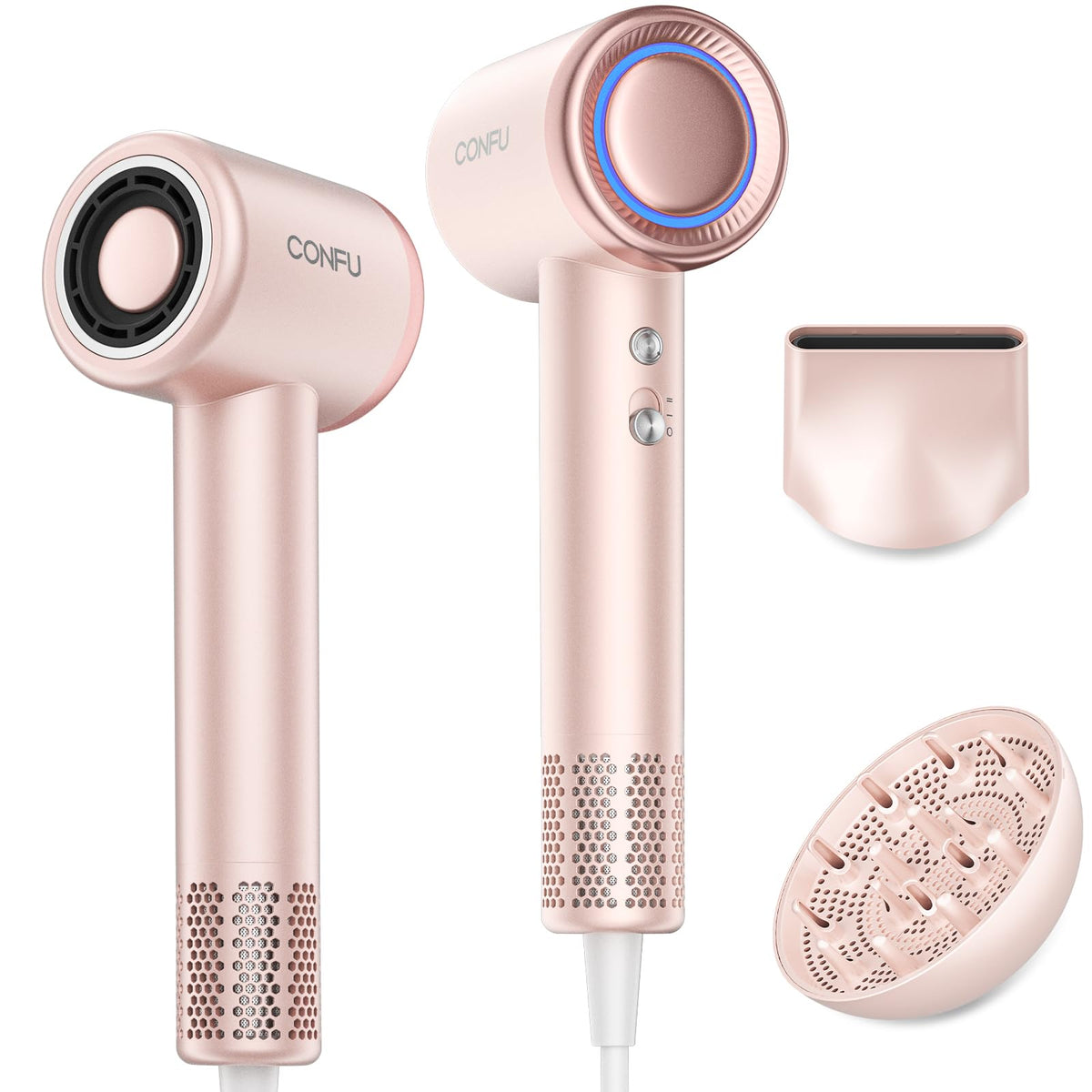 CONFU hair dryer diffuser attachment for even curls and smooth styling.