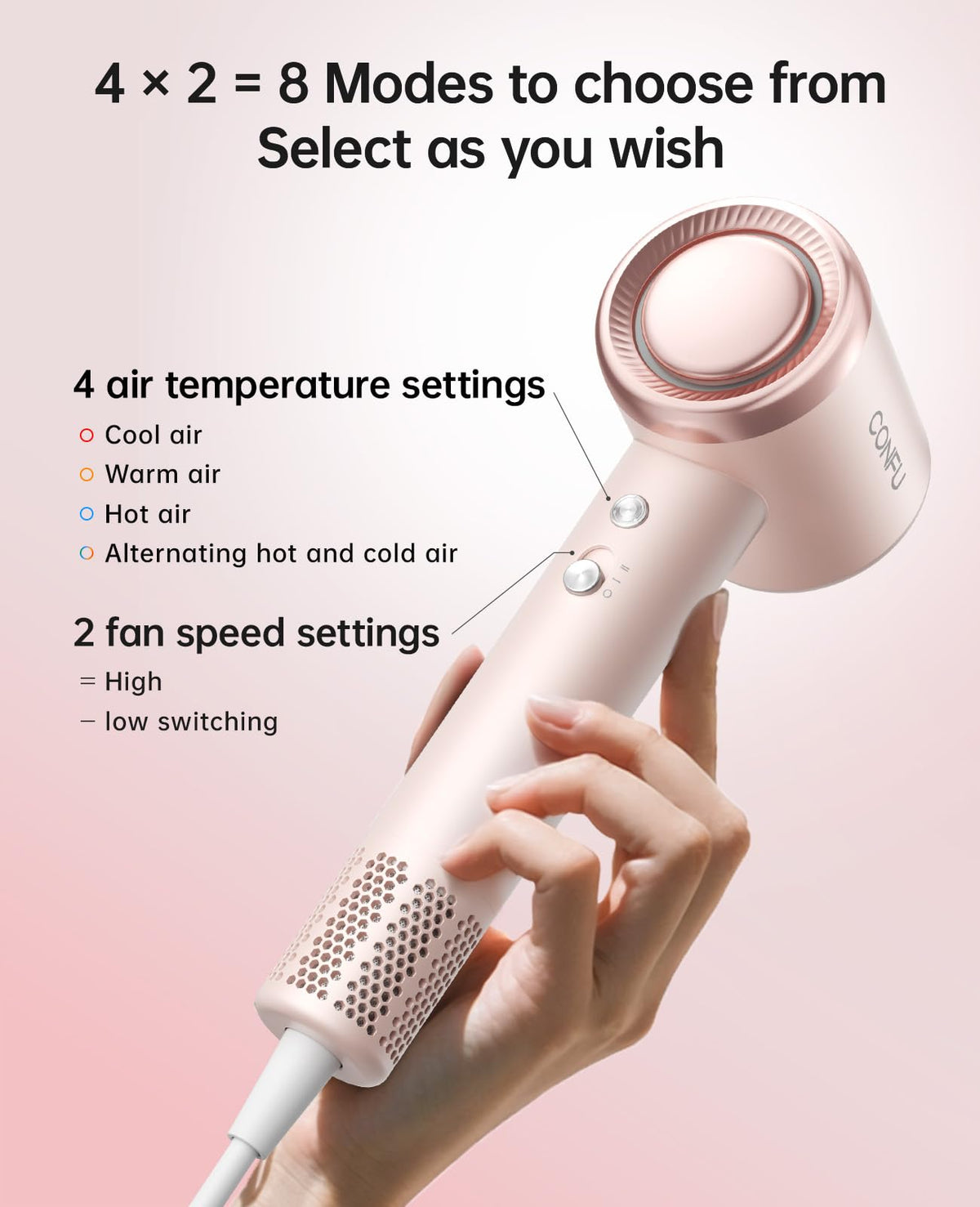CONFU diffuser in use shows defined curls with gentle, even heat distribution.