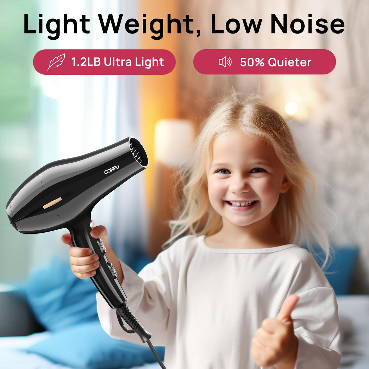 CONFU hair dryer safety features and quiet operation for family use