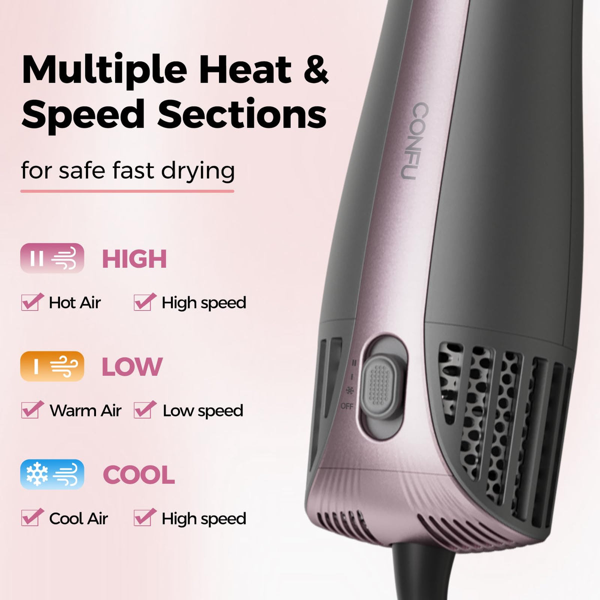 CONFU ionic technology reduces frizz and adds shine during quick styling sessions.