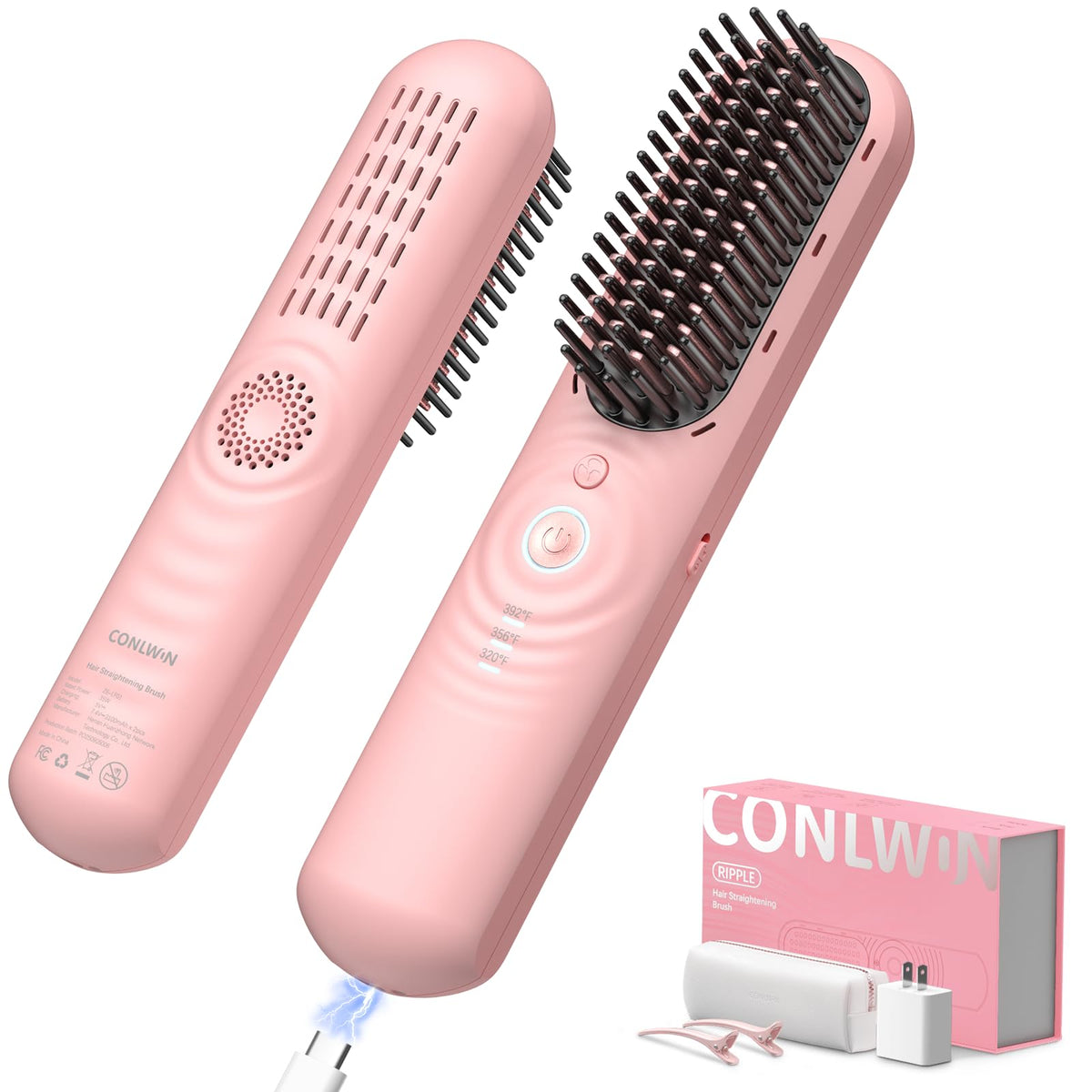 CONLWIN cordless hair straightener brush front view for on-the-go styling.