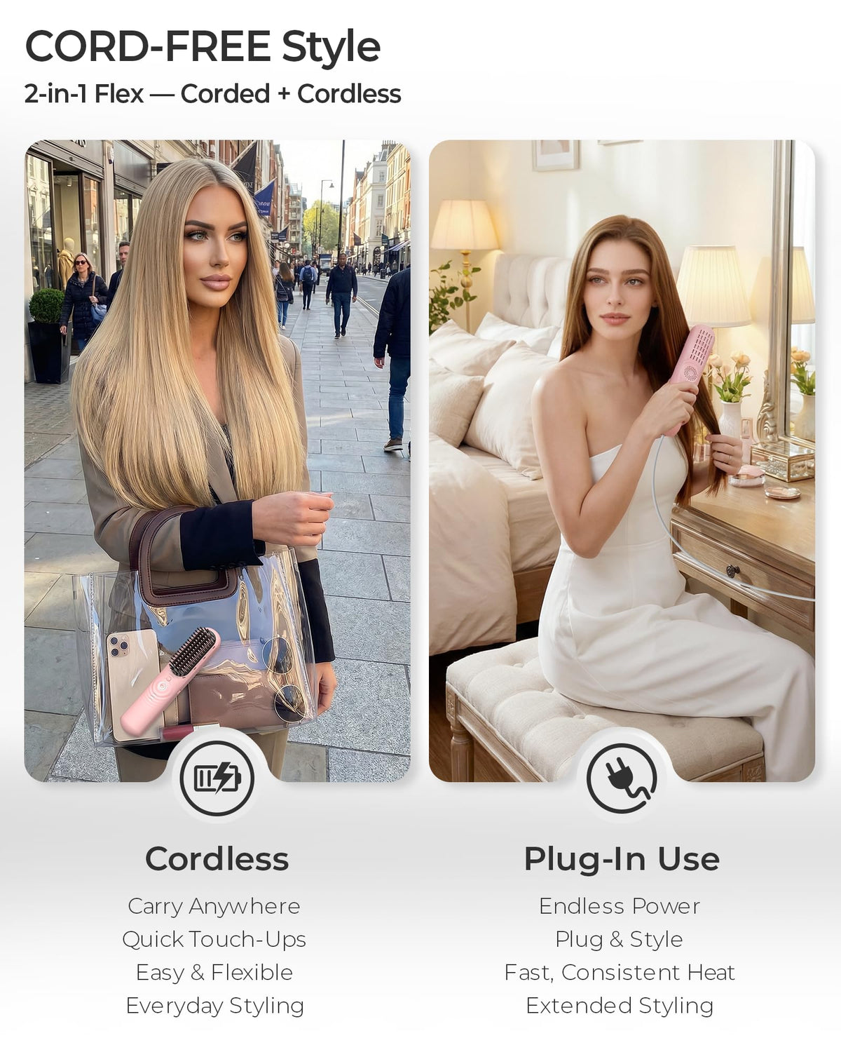 CONLWIN cordless hair straightener brush side view showing travel-friendly design.