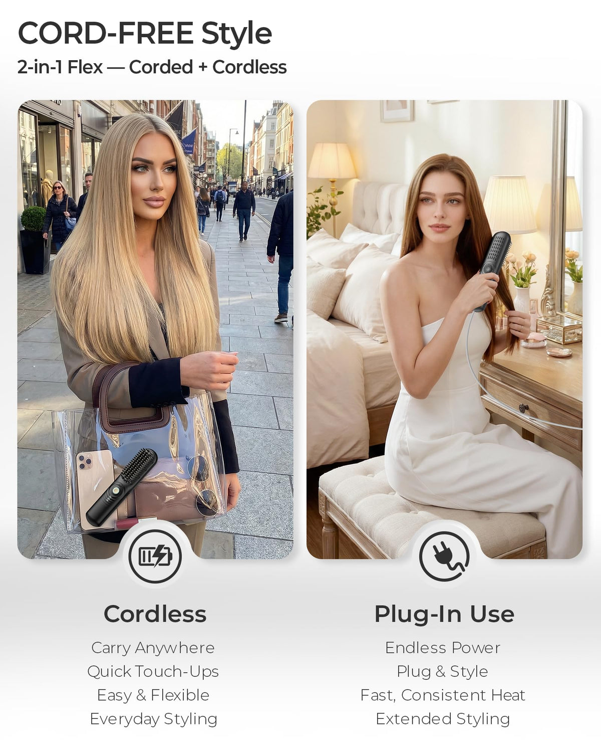 CONLWIN cordless straightener brush charging demonstrates quick top-up for instant touch-ups.
