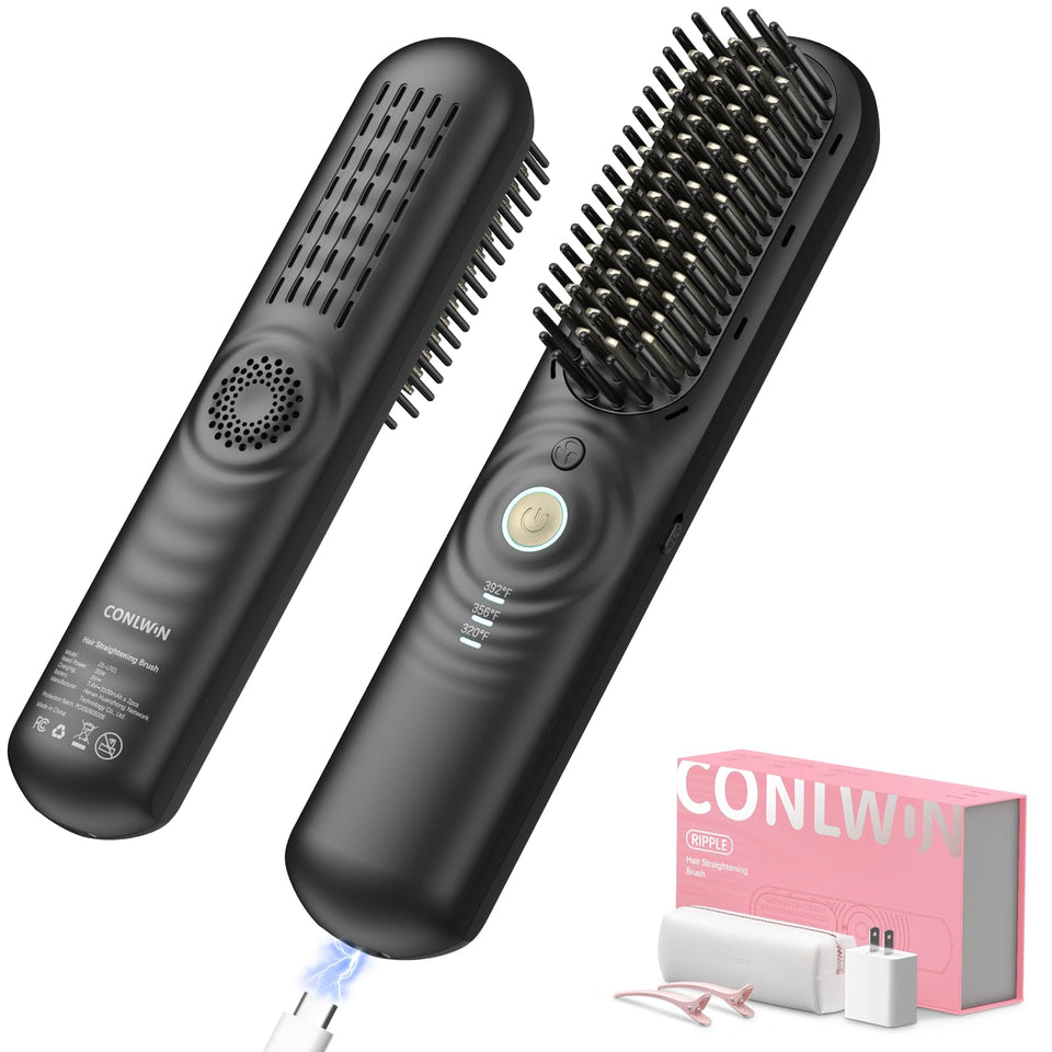CONLWIN cordless straightener brush packaging highlights travel-ready styling for on-the-go routines.