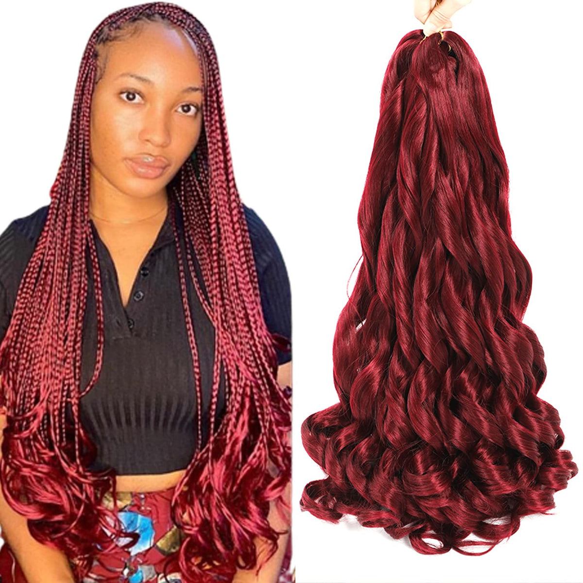 Conrora French Curly braiding hair 24 inch Burgundy, protective style option