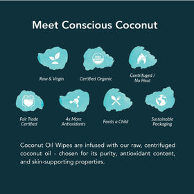 Conscious Coconut wipes fair-trade-logo signals ethically sourced ingredients.