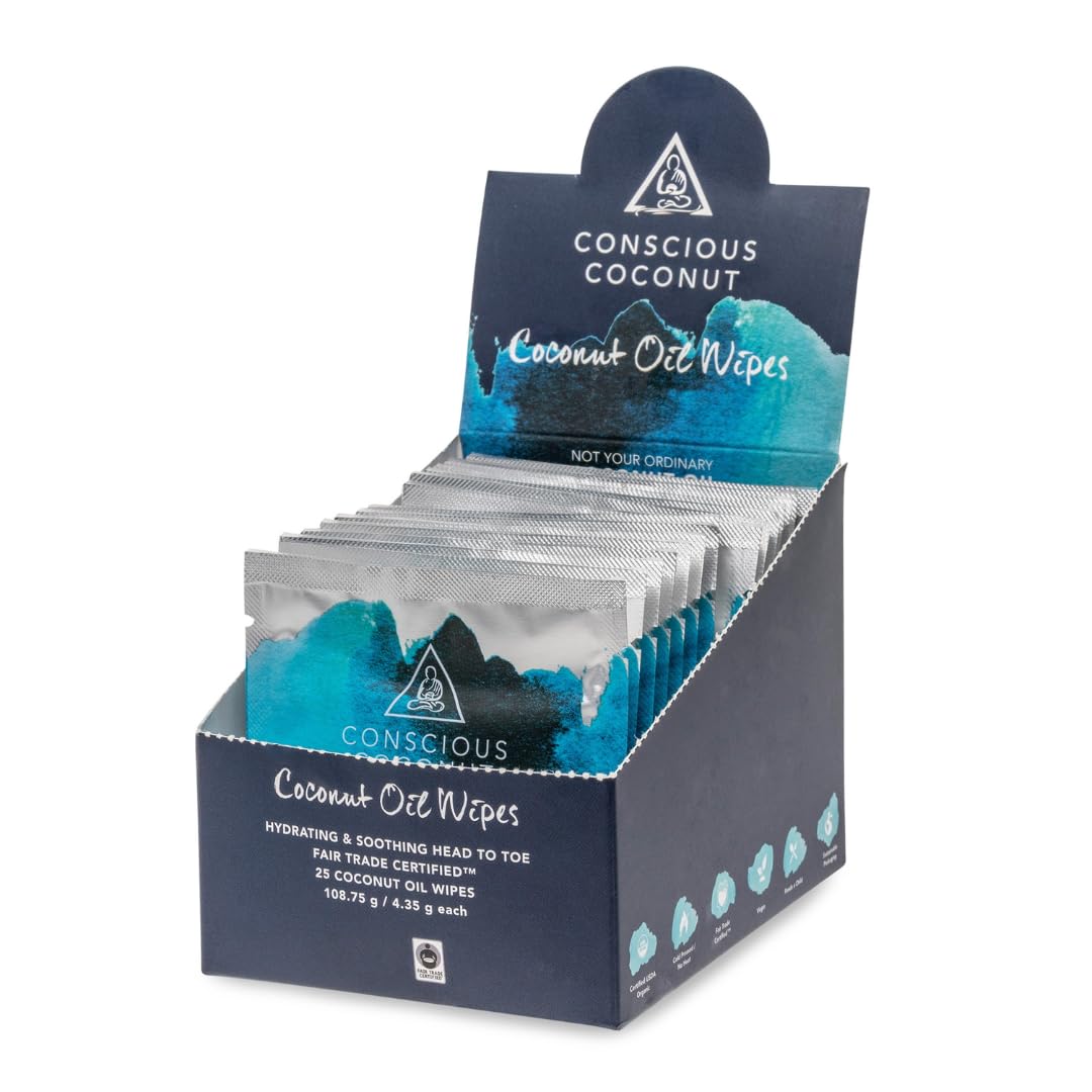 Conscious Coconut wipes packfront shows travel-friendly moisture on the go.