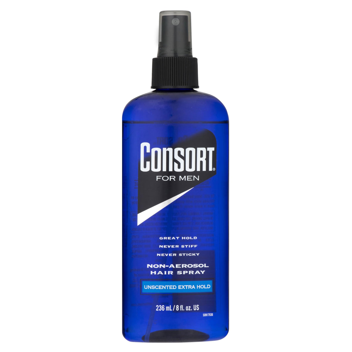 Consort For Men Hair Spray bottle delivering long-lasting unscented hold.