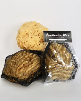 Constantia Beauty sea sponge close-up showing softening when wet and gentle lather.
