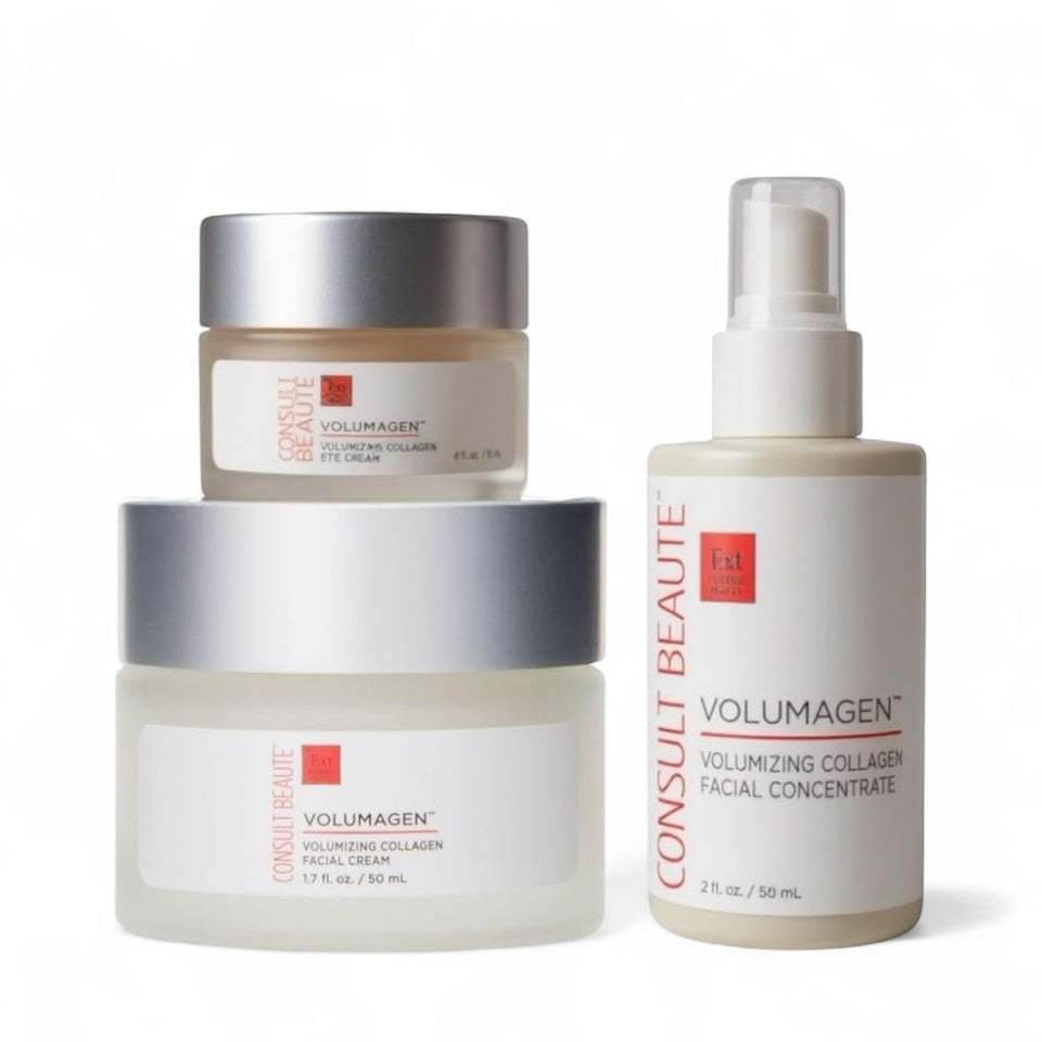 Consult Beaute Volumagen Trio bottle pour highlights premium formulation for plump skin