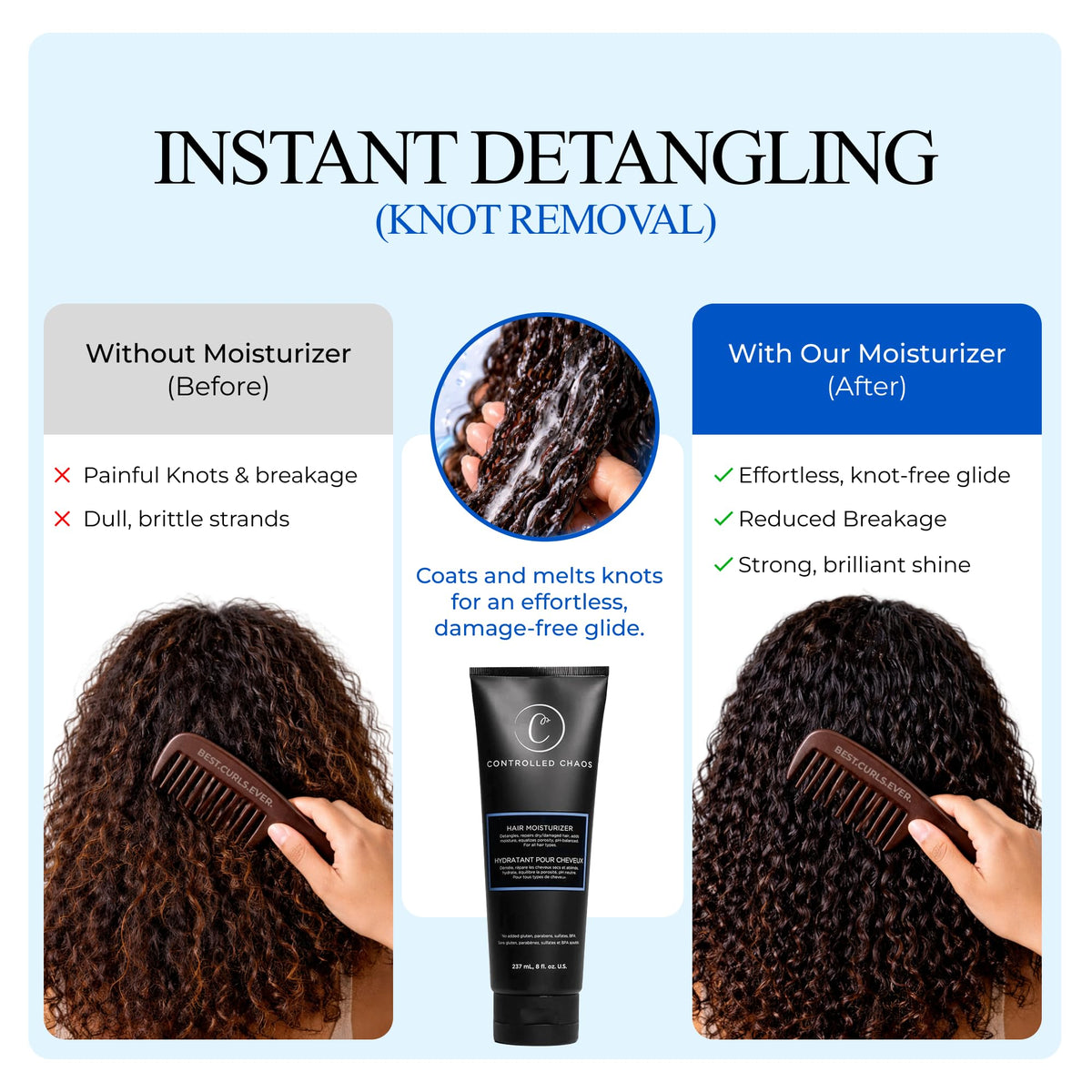 Controlled Chaos moisturizer on curls illustrating definition and bounce.
