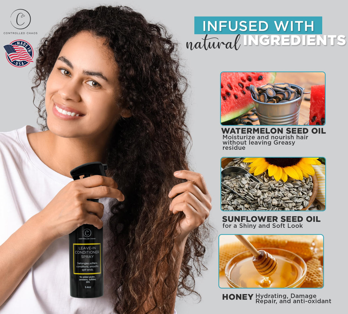 Controlled Chaos Leave-In Spray bottle angled for easy styling and frizz control.