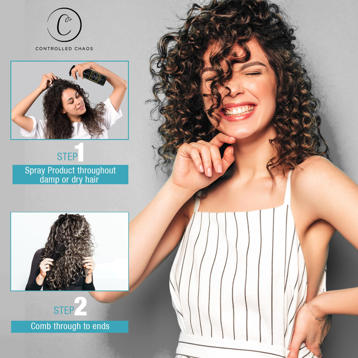 Controlled Chaos Leave-In Spray mist dispense showing quick detangling action.