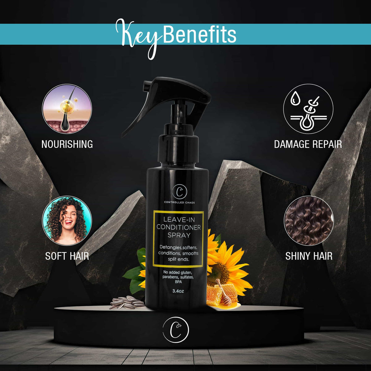 Controlled Chaos Leave-In Spray features sunflower seed oil for hydration and shine.