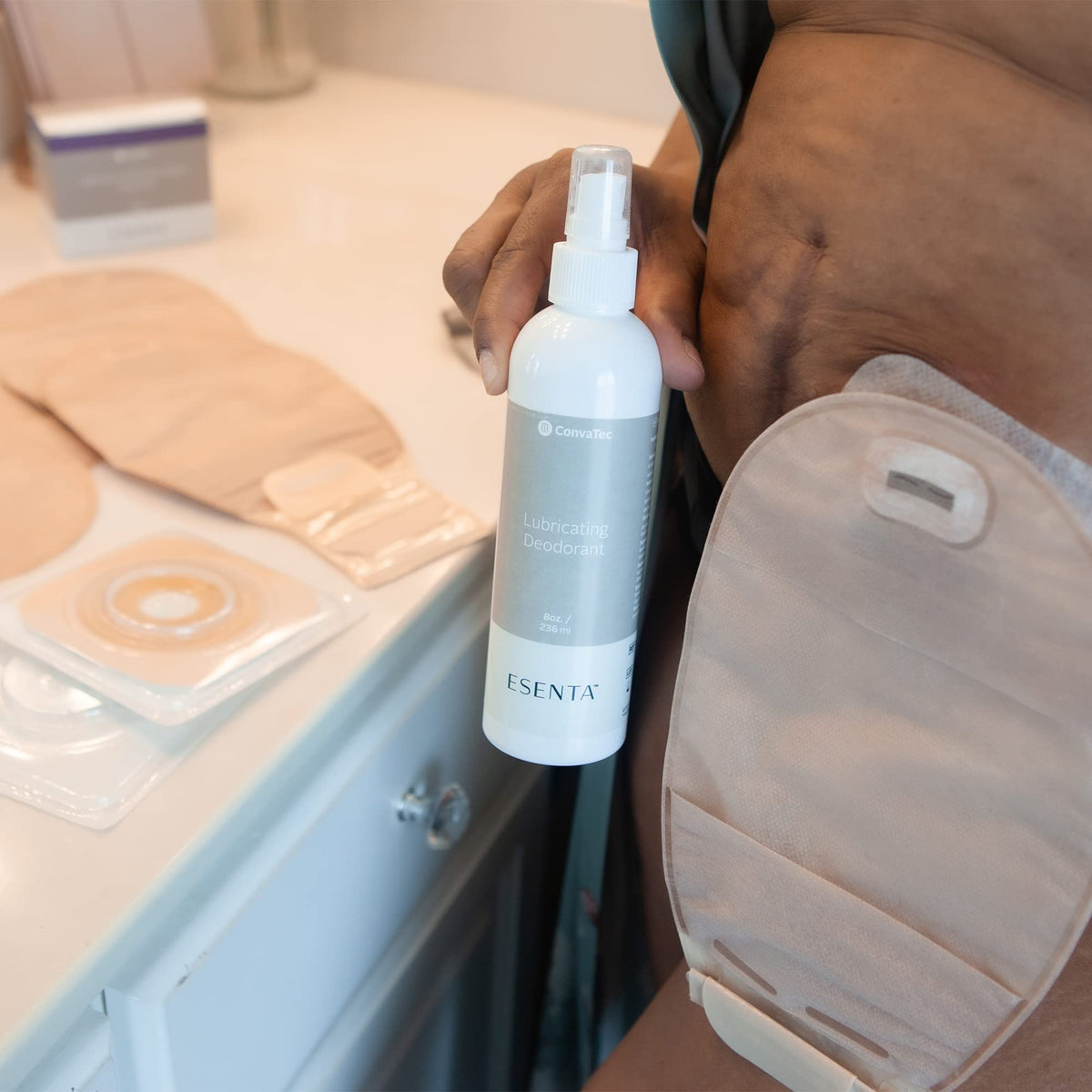 ConvaTec Esenta water-based, color-free formula is safe on clothes.