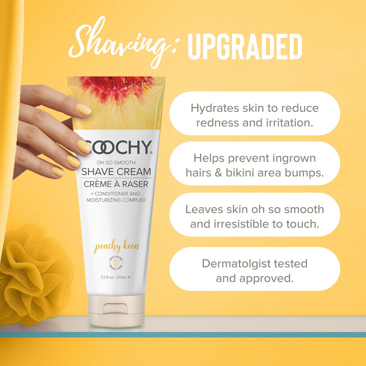 Applying Coochy Shave Cream to bikini area for irritation-free shave