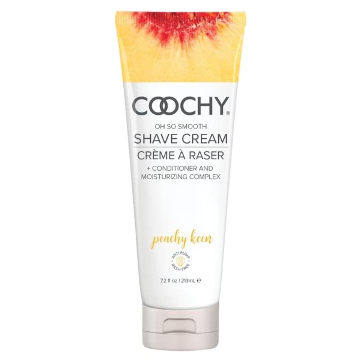 Coochy Shave Cream Peachy Keen bottle showing rich lather for smooth shave