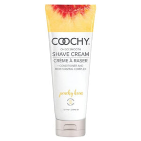 Coochy Shave Cream Peachy Keen bottle showing rich lather for smooth shave