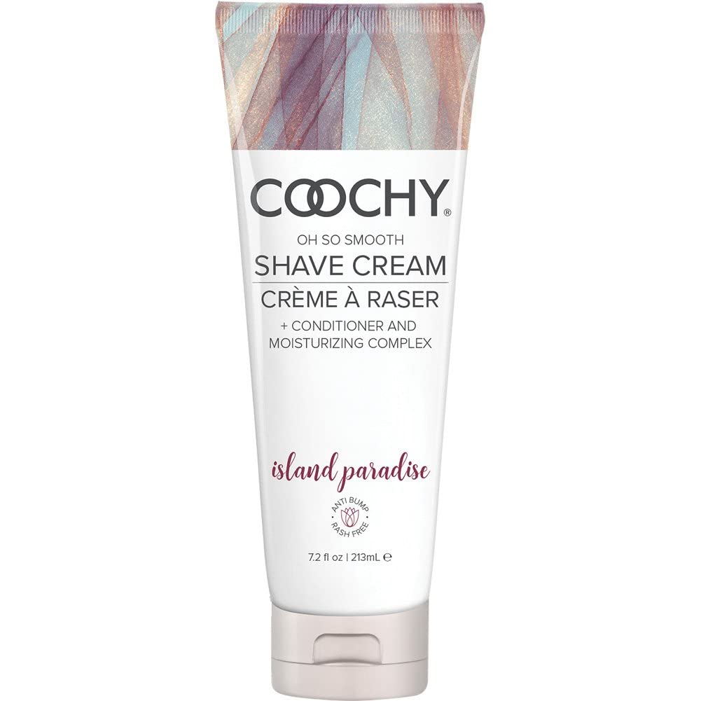 Coochy Shave Cream bottle, smooth shave with Island Paradise scent.