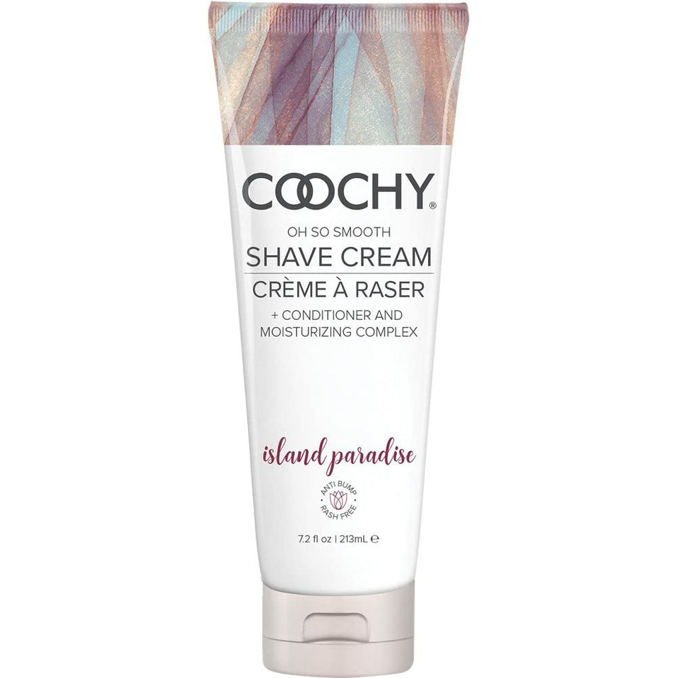 Coochy Shave Cream bottle, smooth shave with Island Paradise scent.