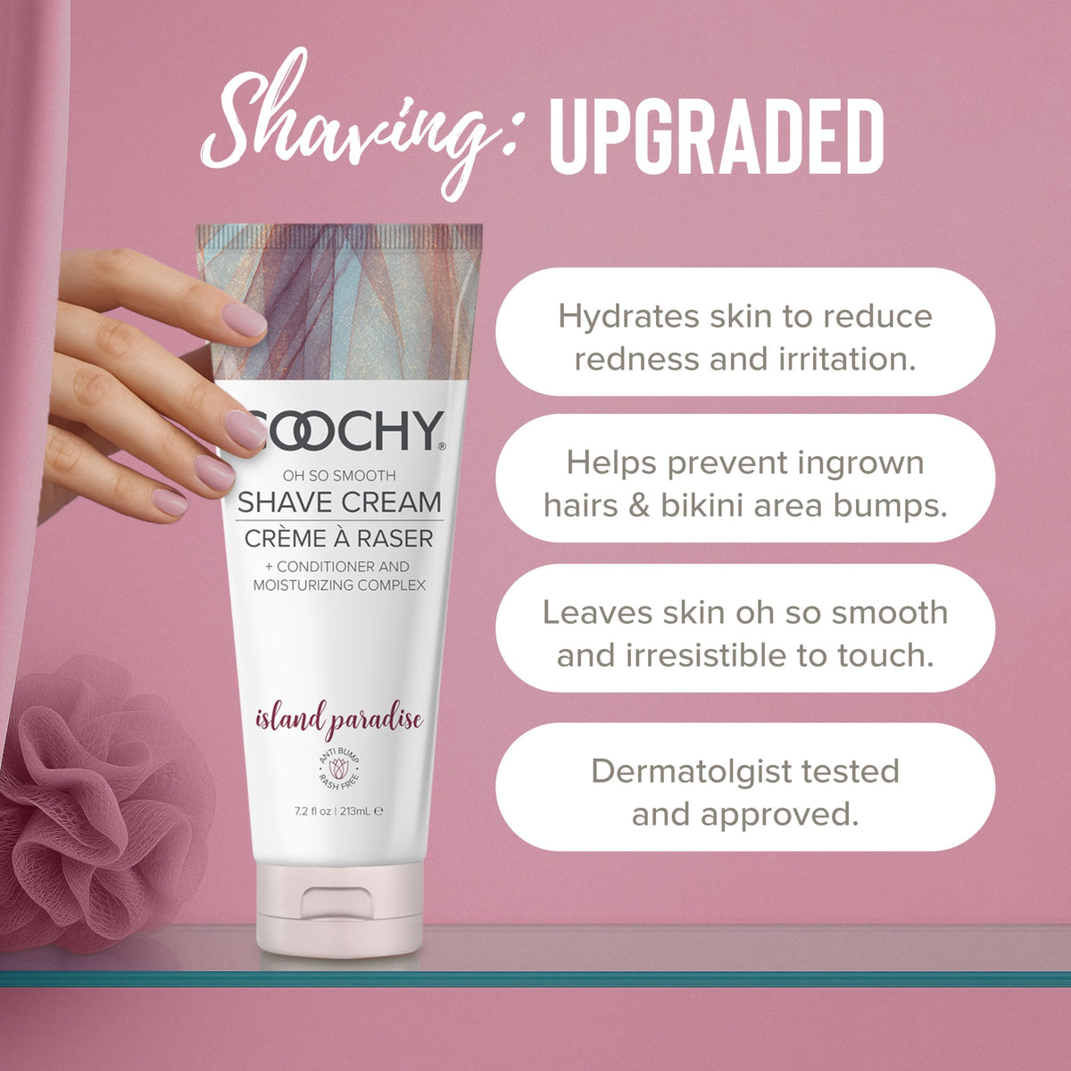 Coochy Shave Cream foam application, lush lather for comfortable glide.