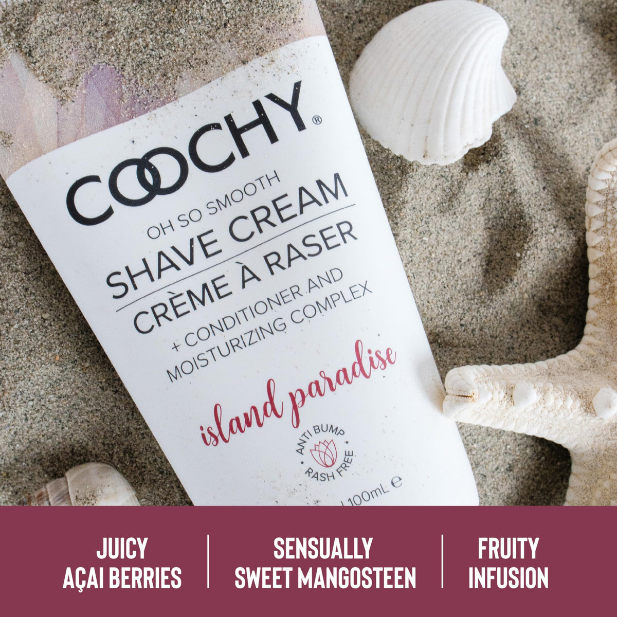 Coochy Shave Cream ingredients panel, conditioning formula for sensitive skin.