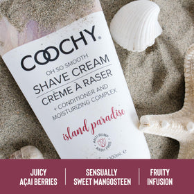 Coochy Shave Cream ingredients panel, conditioning formula for sensitive skin.