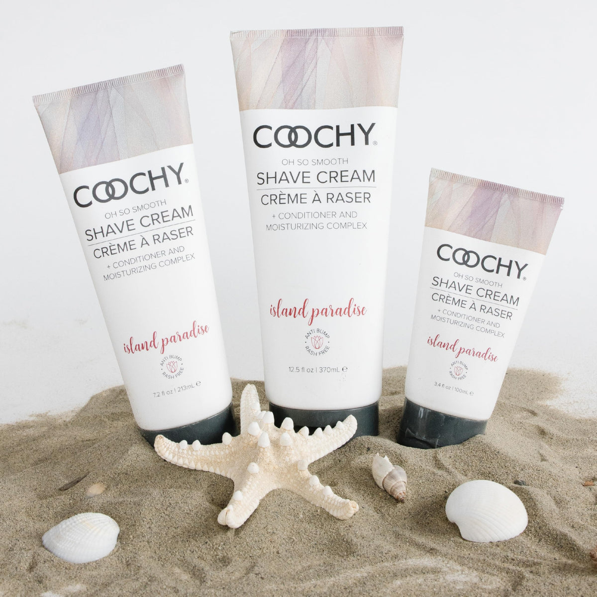 Coochy Shave Cream Island Paradise label, fragrance-rich and moisturizing.