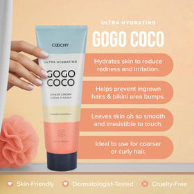 Coochy Ultra Hydrating Shaving Cream foam closeup highlights creamy texture for easy shaving.