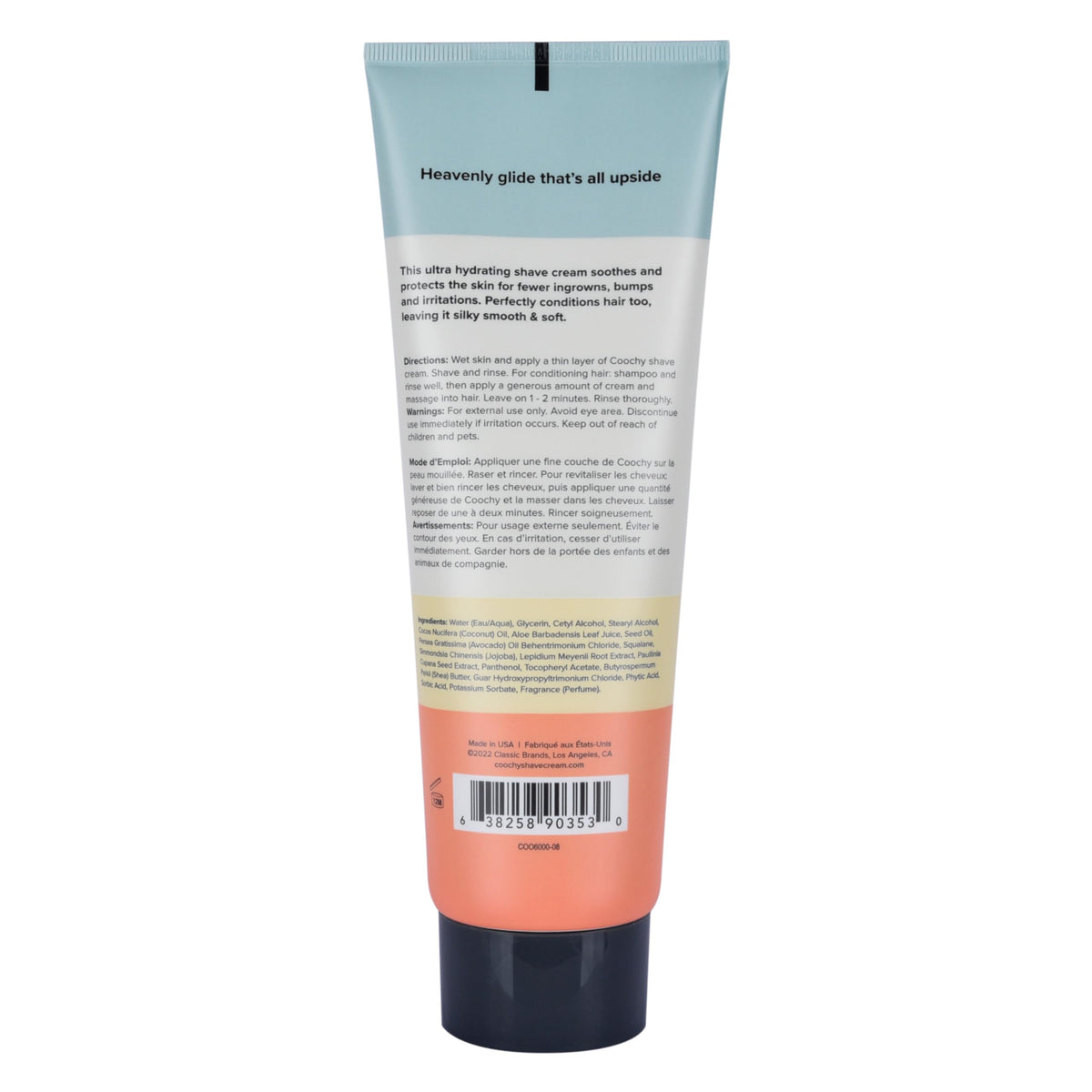 Coochy Ultra Hydrating Shaving Cream packaging bottle highlights Mango Coconut scent.