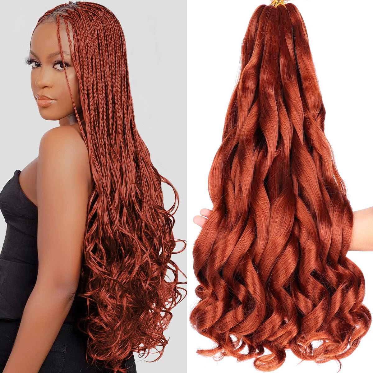 COOKOO 22-inch ginger French curl braiding hair with soft, bouncy texture for natural looks.