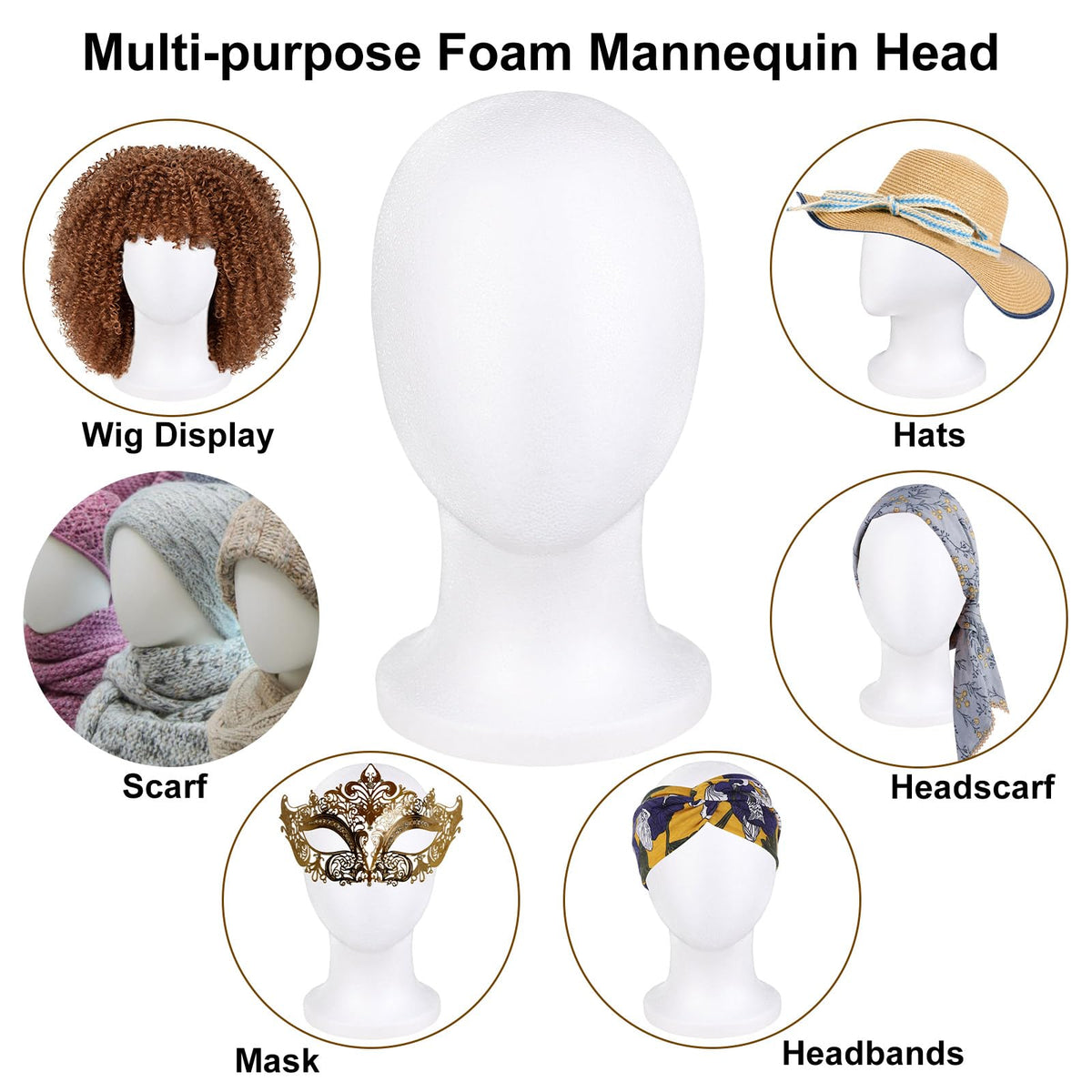 Smooth surface COOKOO foam head supports easy wig fitting and display.