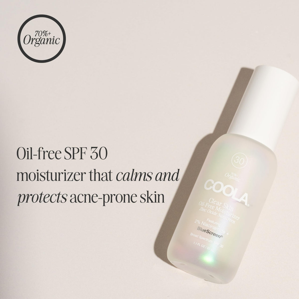 COOLA Clear Skin Oil-Free Moisturizer SPF 30 pump bottle for quick, even daily application
