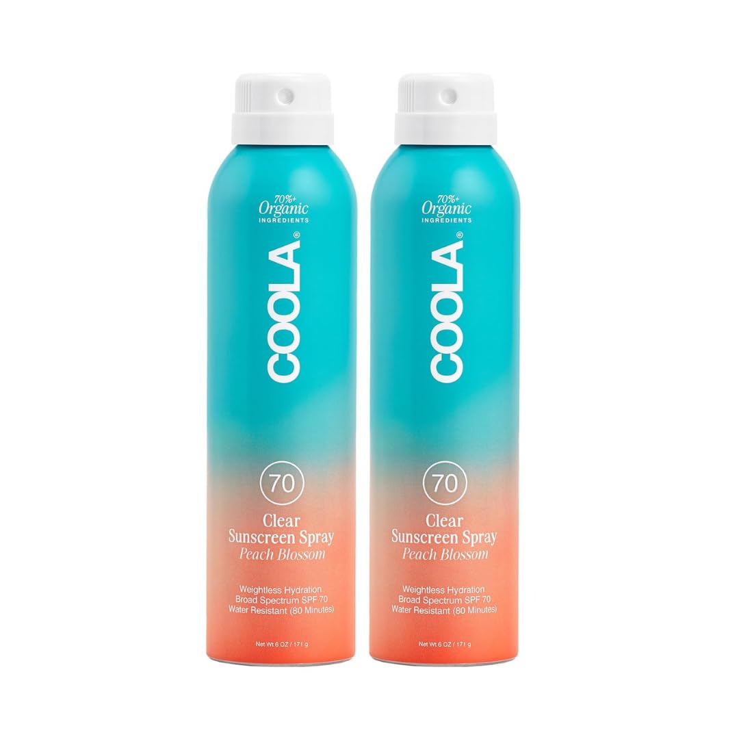 COOLA Organic Sunscreen SPF 70 spray bottle shows a light, non-greasy finish for daily wear.