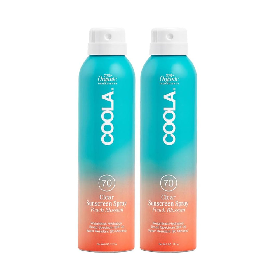 COOLA Organic Sunscreen SPF 70 spray bottle shows a light, non-greasy finish for daily wear.