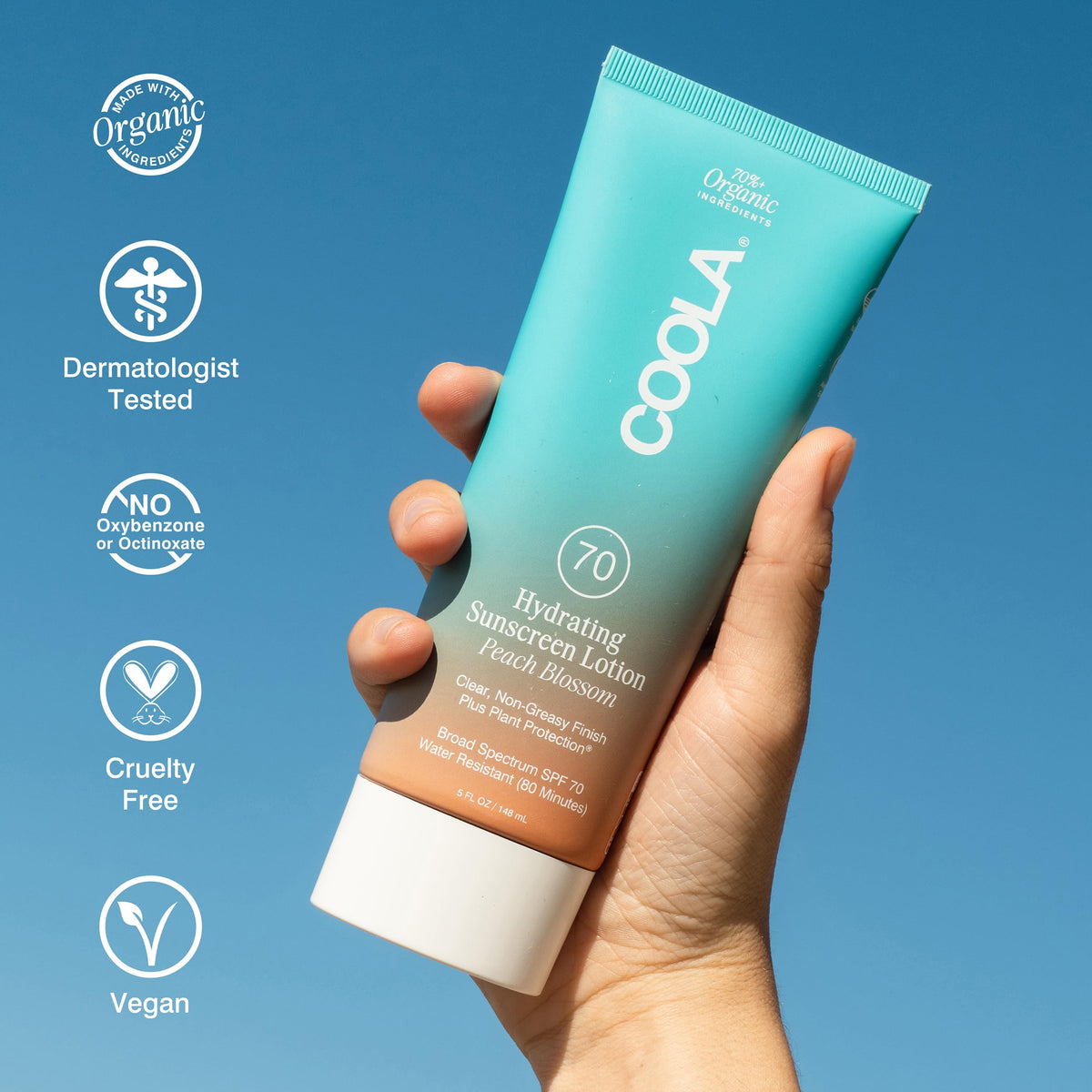 COOLA Peach Flower extract emphasizes antioxidant notes in the formula.