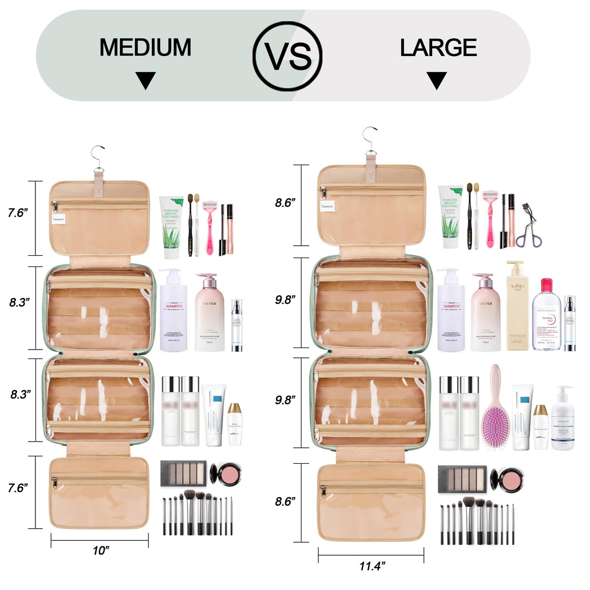 COOSKY extra large makeup dopp kit holds multiple full-size products on journeys.