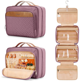 COOSKY travel hanging toiletry bag in dark purple keeps cosmetics organized on the go.