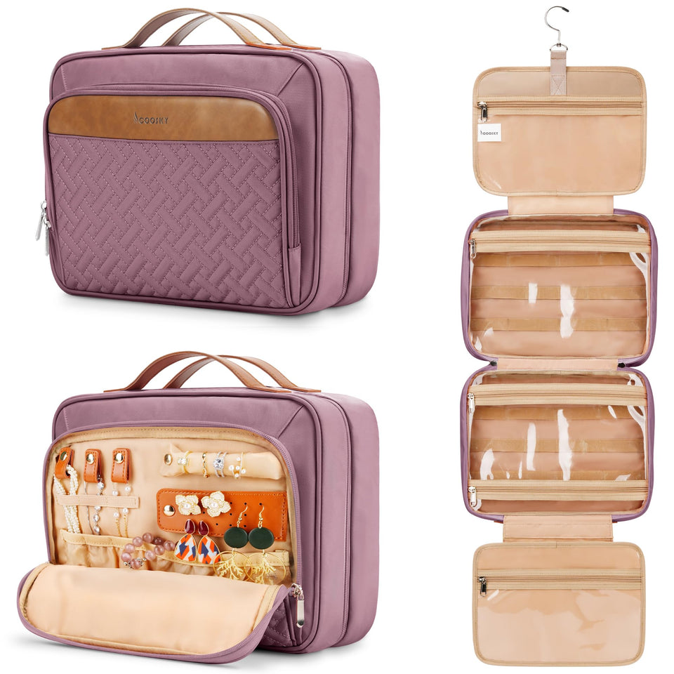 COOSKY travel hanging toiletry bag in dark purple keeps cosmetics organized on the go.