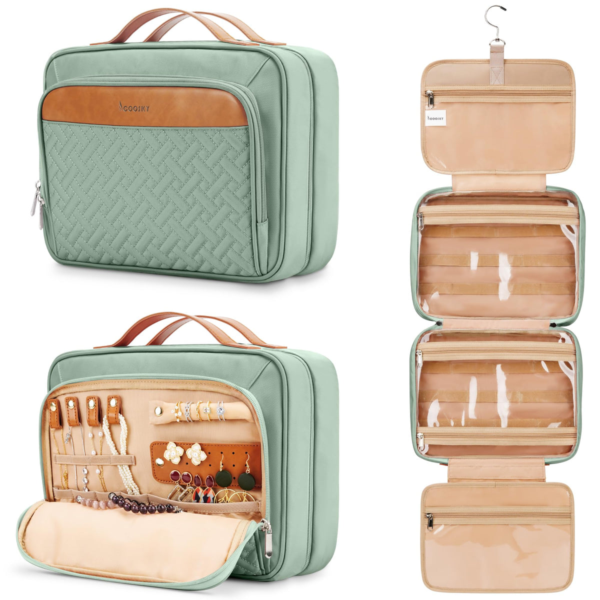 COOSKY travel hanging toiletry bag in green keeps essentials neatly organized.