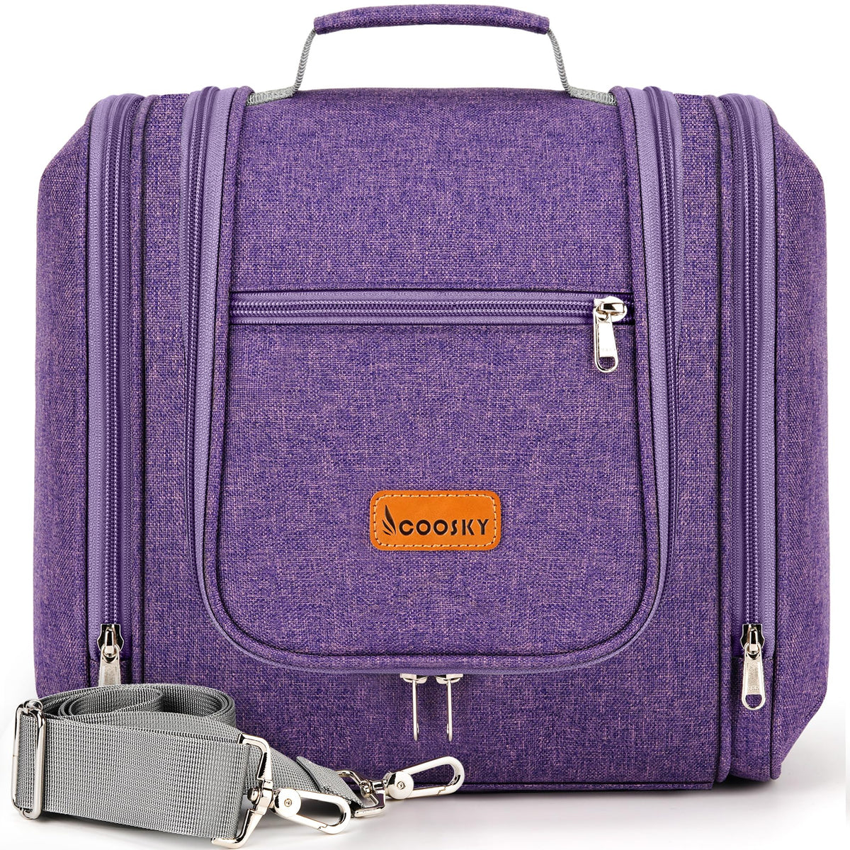 COOSKY travel hanging toiletry bag with six compartments for organized packing.