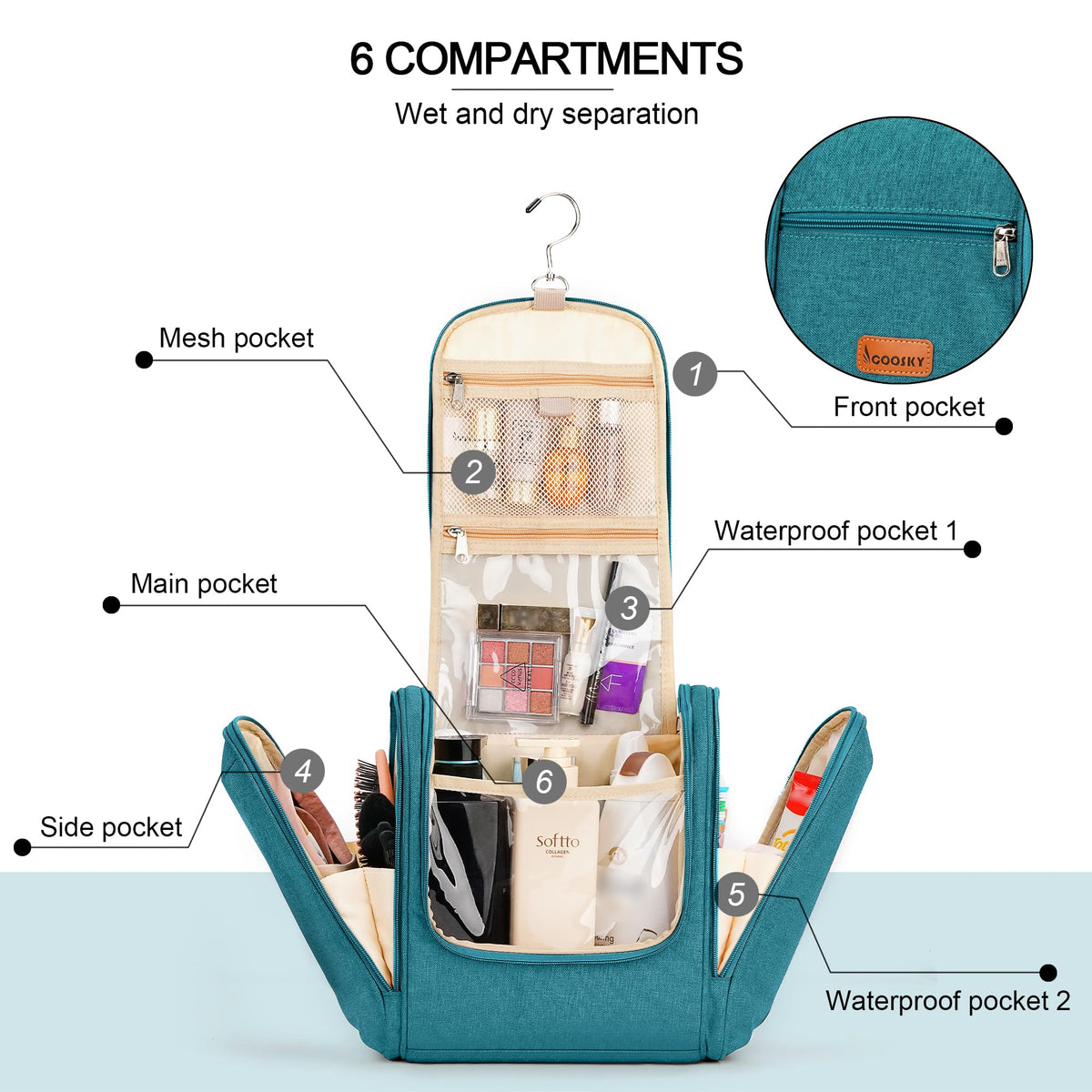 COOSKY bag with side compartments helps separate toiletries and cosmetics for quick retrieval