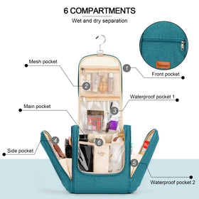 COOSKY bag with side compartments helps separate toiletries and cosmetics for quick retrieval
