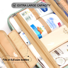 COOSKY waterproof cosmetic bag protects contents from spills during travel.