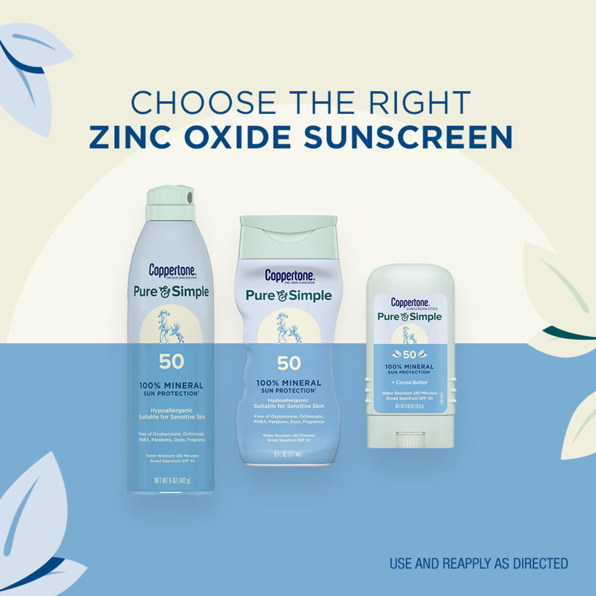 Coppertone Pure and Simple pack includes spray and stick for versatile use.