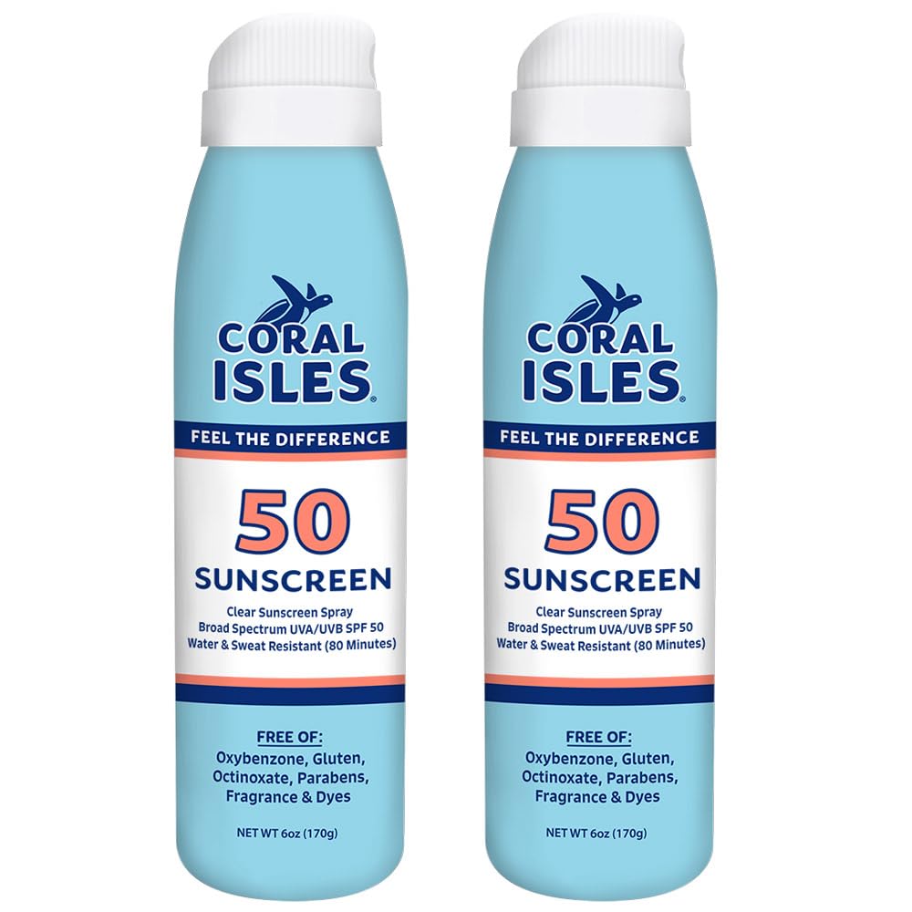 Coral Isles SPF50 sunscreen spray bottle for beach day protection.