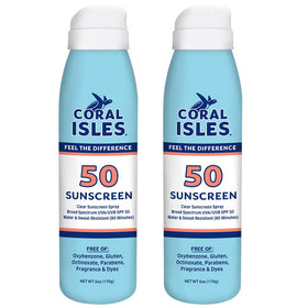 Coral Isles SPF50 sunscreen spray bottle for beach day protection.